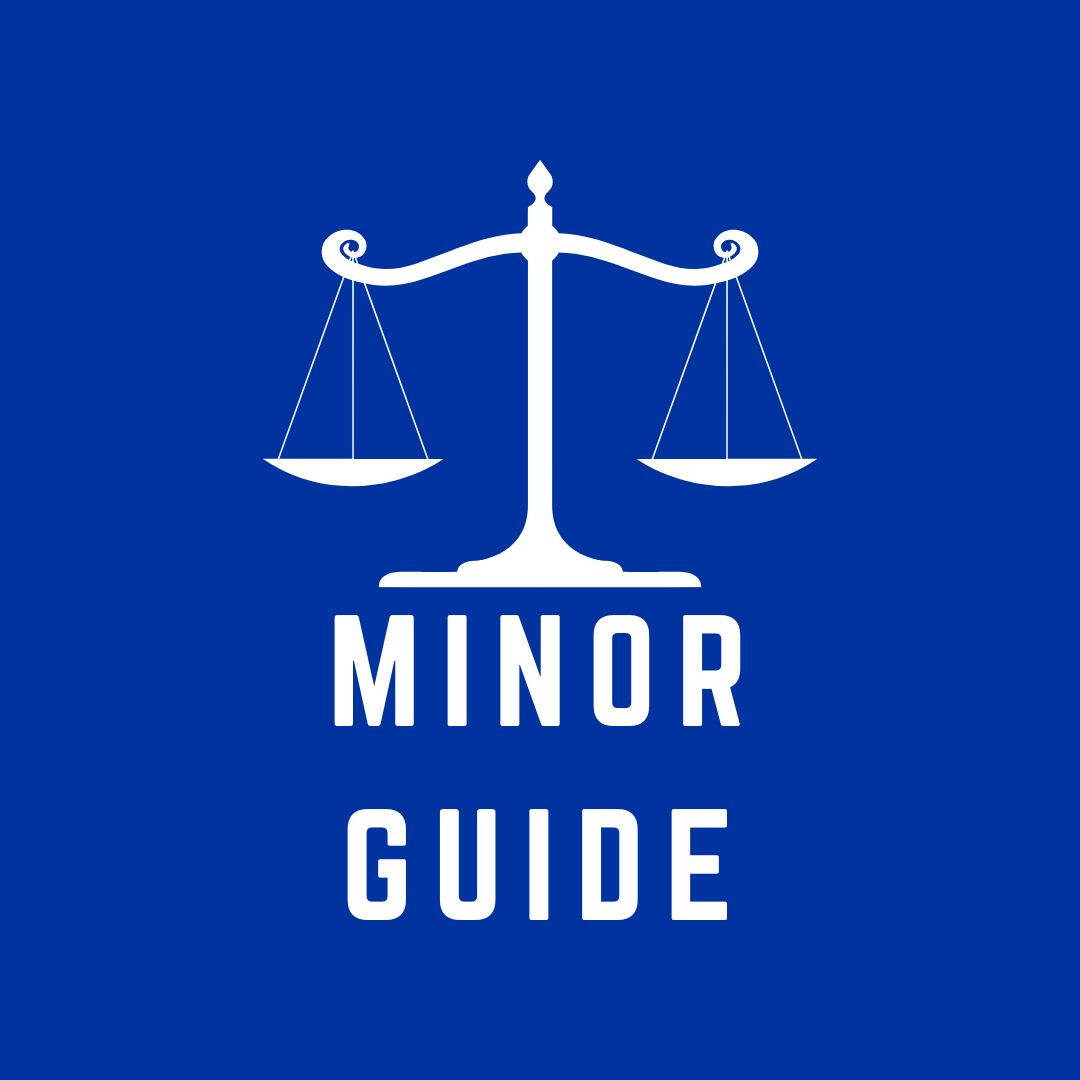 blue logo for legal studies major, image is a drawing of scales of justice above text that reads "legal studies minor guide"